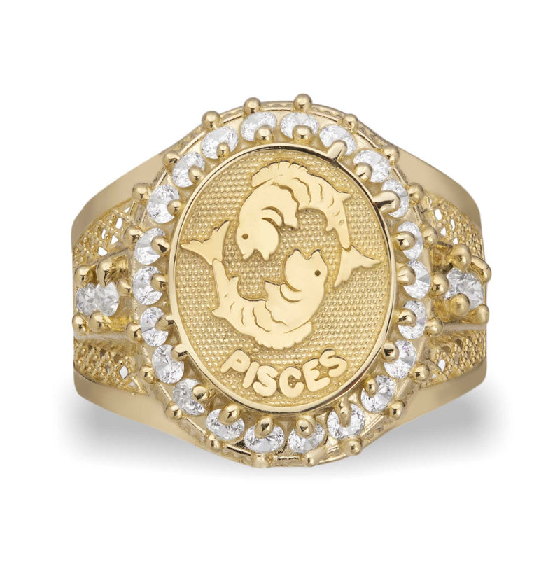 CZ Zodiac Sign Signet Ring 10K Yellow Gold