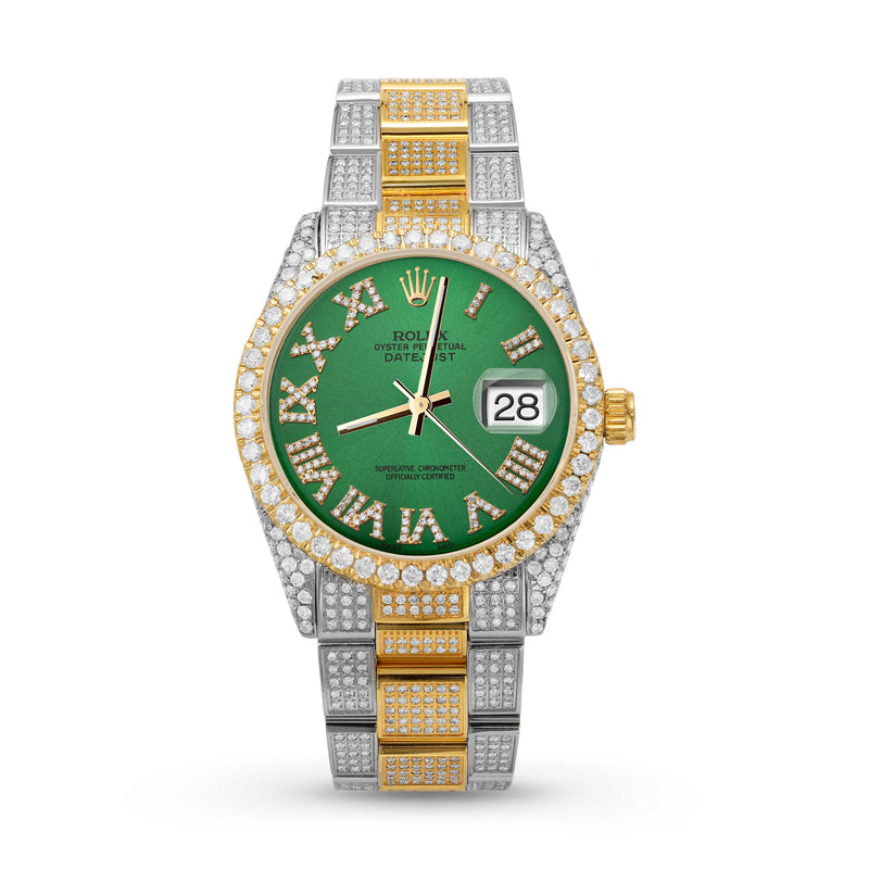 Rolex Datejust Diamond Bezel Watch 36mm Green Roman Dial | 11.40ct