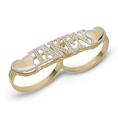 beaded taken script with hearts two finger ring 10k yellow gold bayamjewelry 1 d2dc1c27 6e36 4719 9851