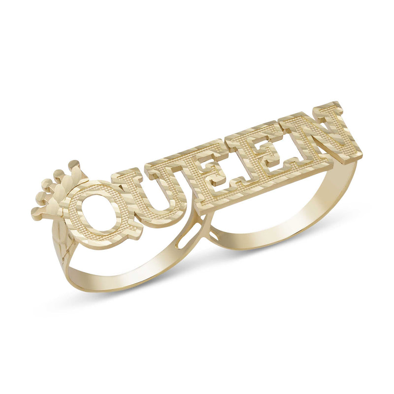Diamond-Cut "QUEEN" Script Two-Finger Ring 10K Yellow Gold
