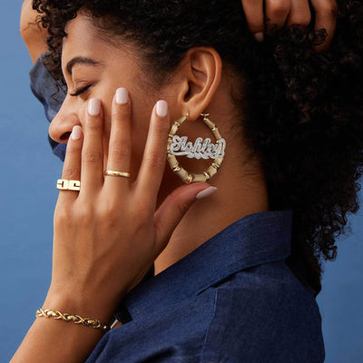Picture of Ladies Diamond Script Name Plate Bamboo Hoop Earrings 14K Gold - Style 89