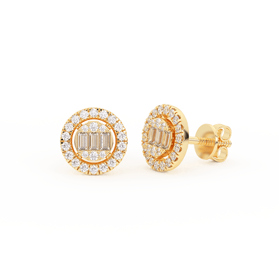 Halo Baguette & Round-Cut Diamond Stud Earrings 0.38ct 14K Gold - bayamjewelry