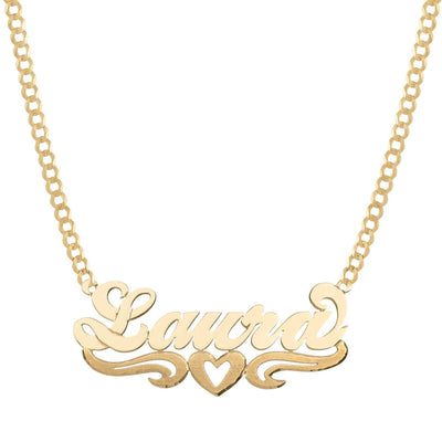 Ladies Script Name Plate Heart Ribbon Necklace 14K Gold - Style 112 - bayamjewelry