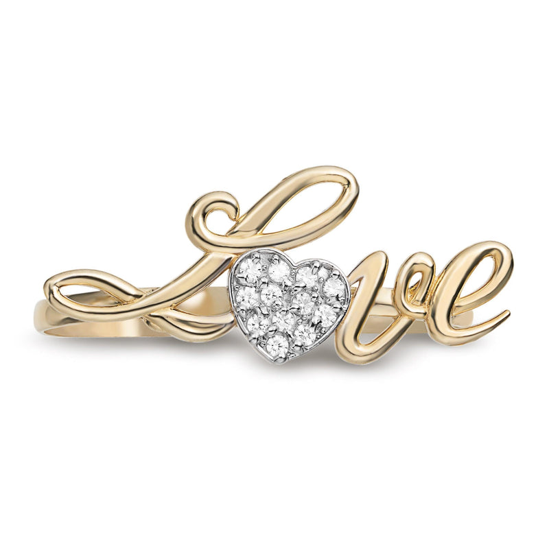 "Love" Script CZ Heart Two-Finger Ring 10K Yellow Gold - bayamjewelry