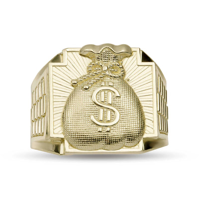 Railroad Design Money Bag Signet Ring Solid 10K Yellow Gold - bayamjewelry