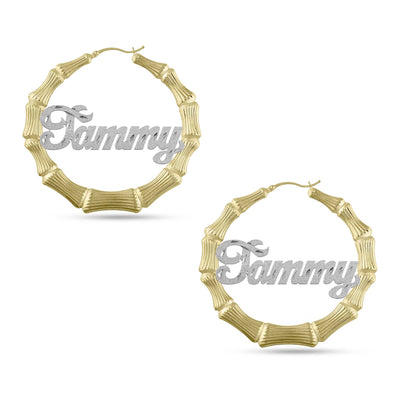 Picture of Ladies Script Name Plate Bamboo Hoop Earrings 14K Gold - Style 125