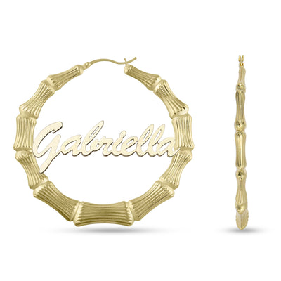 Picture of Ladies Script Name Plate Bamboo Hoop Earrings 14K Gold - Style 1