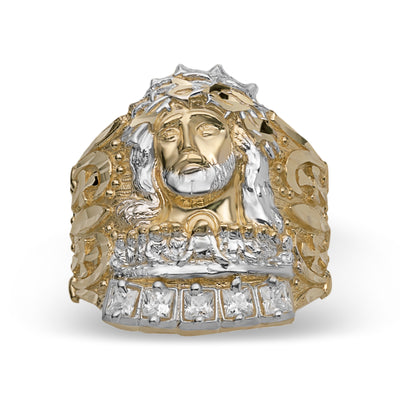 Picture of Large Men's Jesus Head Last Supper CZ Ring Solid 10K Yellow Gold