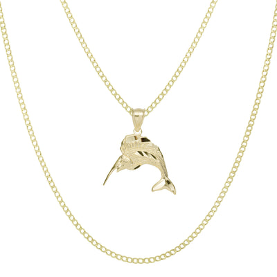 Picture of 1 1/4" Diamond Cut Swordfish Pendant & Chain Necklace Set 10K Yellow Gold