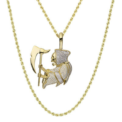 Picture of 2" CZ Angel of Death Reaper Pendant & Chain Necklace Set 10K Yellow Gold