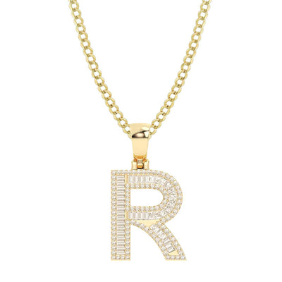 Picture of Women's Baguette & Round Cut Diamond "R" Initial Pendant Necklace 0.67ct 14K Gold