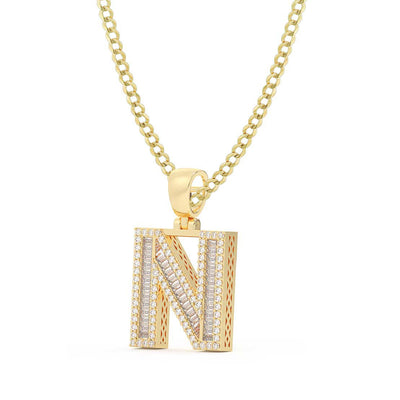 Picture of Baguette & Round Cut Diamond "N" Initial Pendant Necklace 0.63ct 14K Gold