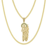 Picture of 2 1/4" Saint Jude with Emerald CZ Halo Pendant & Chain Necklace Set 10K Yellow Gold