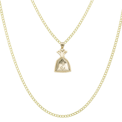 Picture of 1 1/4" Money Bag CZ Pendant & Chain Necklace Set 10K Yellow Gold