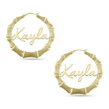 Picture of Ladies Script Name Plate Bamboo Hoop Earrings 14K Gold - Style 10