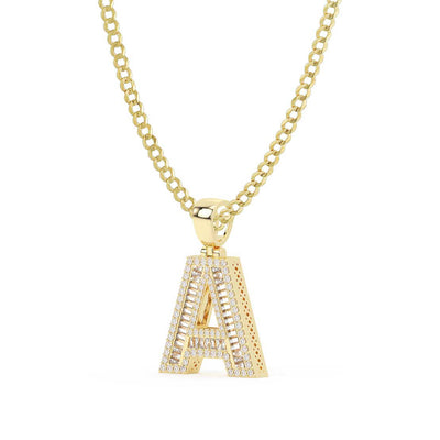 Picture of Baguette & Round Cut Diamond "A" Initial Pendant Necklace 0.65ct 14K Gold