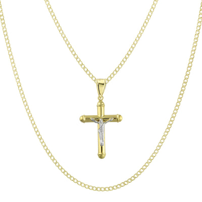 Picture of 1 3/4" Jesus Crucifix Cross Tube Pendant & Chain Necklace Set 10K Yellow White Gold