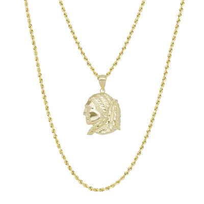 Picture of Textured Indian Chief Pendant & Chain Necklace Set 10K Yellow Gold