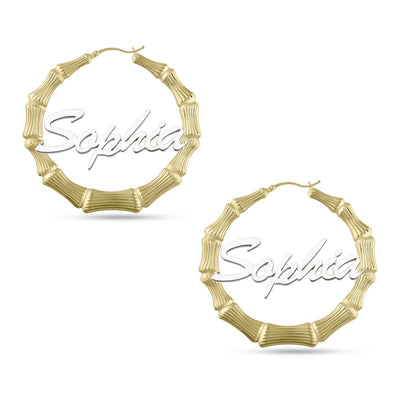 Picture of Ladies Script Name Plate Bamboo Hoop Earrings 14K Gold - Style 51