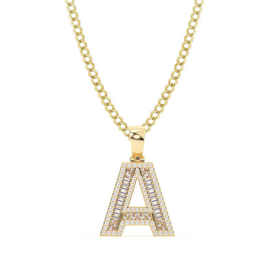 Picture of Women's Baguette & Round Cut Diamond "A" Initial Pendant Necklace 0.65ct 14K Gold