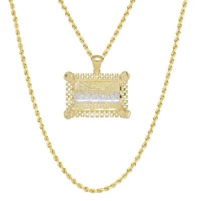 Picture of 1 1/2" Rectangle Railroad Last Supper Medallion Pendant & Chain Necklace Set 10K Yellow White Gold