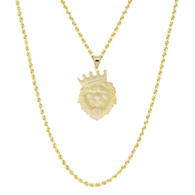 Picture of Roaring Lion Head Crown Pendant & Chain Necklace Set 10K Yellow Gold