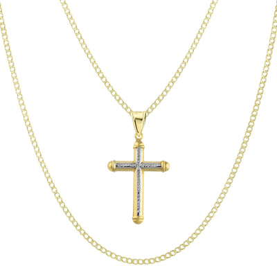 Picture of 1 1/4" Diamond Cut Cross Tube Pendant & Chain Necklace Set 14K Yellow White Gold