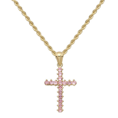 Picture of 1 1/4" Pink CZ Cross Necklace 10K Yellow Gold