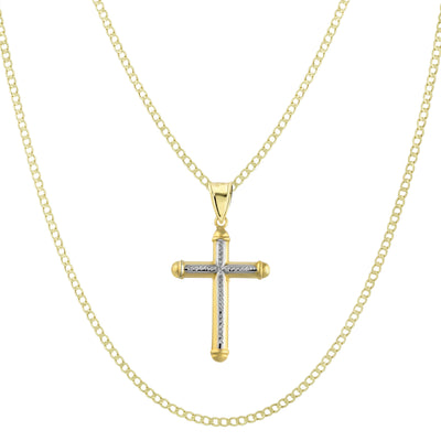 Picture of 2 1/4" Diamond Cut Cross Tube Pendant & Chain Necklace Set 14K Yellow White Gold