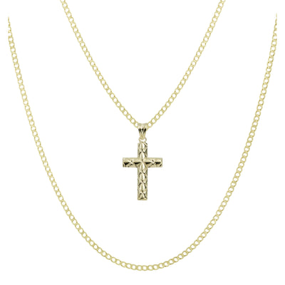 Picture of 1 3/8" Textured Cross Pendant & Chain Necklace Set 10K Yellow White Gold