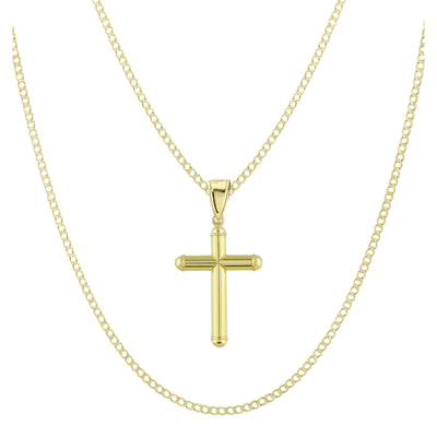 Picture of 1 3/4" Diamond Cut Cross Tube Pendant & Chain Necklace Set 10K Yellow White Gold