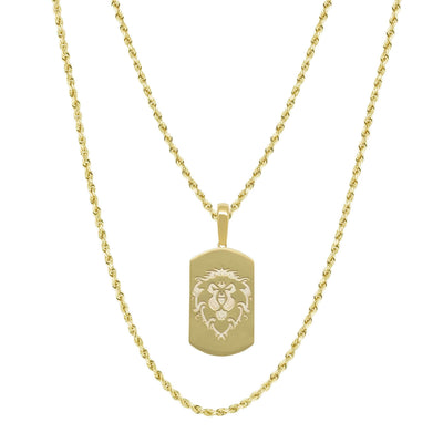 Picture of 1 3/4" Dog Tag Lion Head Pendant & Chain Necklace Set 10K Yellow Gold