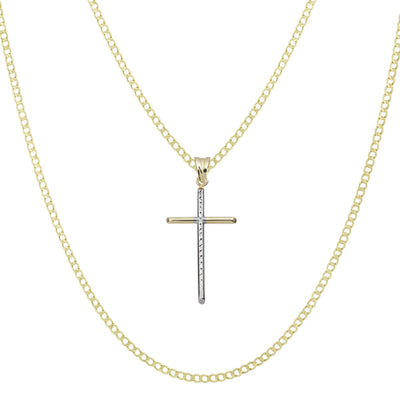 Picture of 1 3/4" Diamond-Cut Thin Cross Pendant & Chain Necklace Set 10K Yellow White Gold