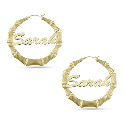 Picture of Ladies Script Name Plate Bamboo Hoop Earrings 14K Gold - Style 19