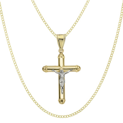 Picture of 2 1/4" Jesus Crucifix Cross Tube Pendant & Chain Necklace Set 14K Yellow White Gold