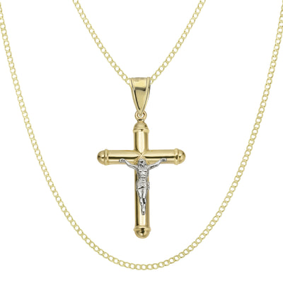 Picture of 2 1/4" Jesus Crucifix Cross Tube Pendant & Chain Necklace Set 10K Yellow White Gold