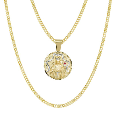 Picture of 1.5" Saint Barbara Round Medallion Ruby Pendant & Chain Necklace Set 10K Yellow Gold