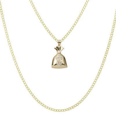 Picture of 1 1/4" Money Bag CZ Pendant & Chain Necklace Set 10K Yellow Gold