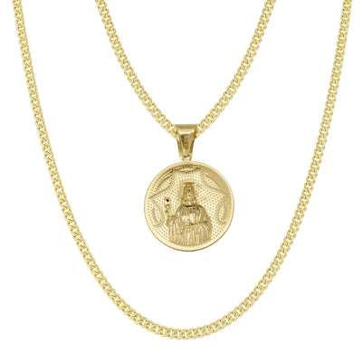 Picture of 1.5" Saint Barbara Round Medallion Ruby Pendant & Chain Necklace Set 10K Yellow Gold