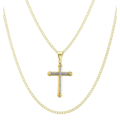 Picture of 1 3/4" Diamond Cut Cross Tube Pendant & Chain Necklace Set 10K Yellow White Gold