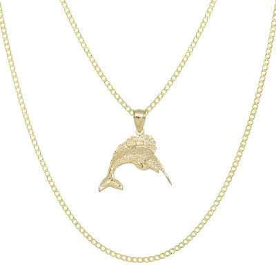 Picture of 1 1/4" Diamond Cut Swordfish Pendant & Chain Necklace Set 10K Yellow Gold