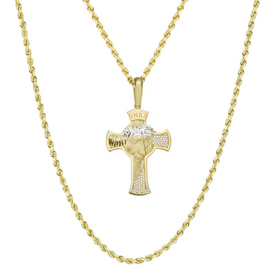 Picture of 2" Face of Jesus CZ Cross Two Tone Pendant & Chain Necklace Set 10K Yellow White Gold