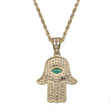 Picture of 1 1/4" CZ Hamsa Evil Eye Pendant Necklace 14K Yellow Gold