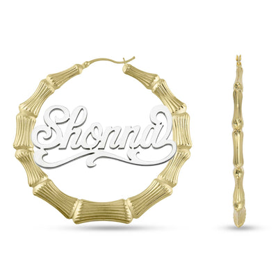 Picture of Ladies Script Name Plate Bamboo Hoop Earrings 14K Gold - Style 64