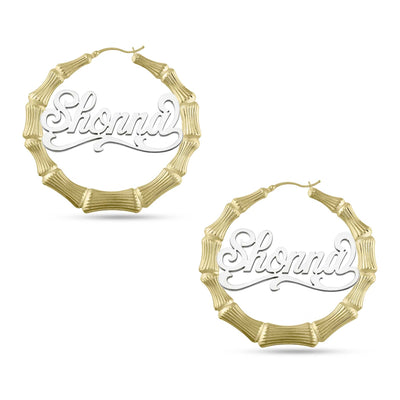 Picture of Ladies Script Name Plate Bamboo Hoop Earrings 14K Gold - Style 64