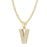 Picture of Baguette & Round Cut Diamond "V" Initial Pendant Necklace 0.53ct 14K Gold