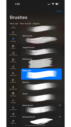 Photo of the brushes screen on the Procreate app.