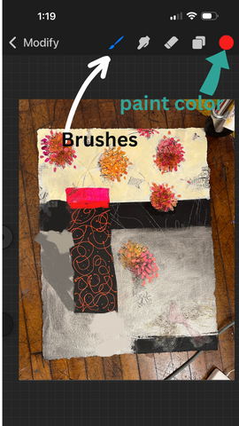 Photo of a screen showing brushes and colors in the Procreate app.