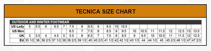 Tecnica Boots Size Chart