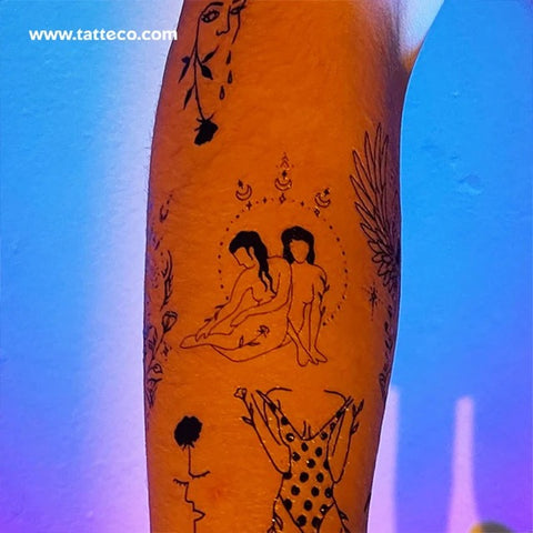 Female figure tattoo: three women sat with moon symbol tattoo